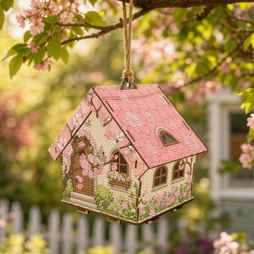 FRANDEK DIY Wooden House Diamond Art Painting Kit for Adults Home (Pink - Image 3