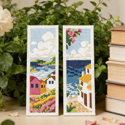 INFUNLY 6pcs Scenery Cross Stitch Bookmark Kit DIY Beach Stamped Embroidery Bookmark Kits 8.7×3.2" Mountain Needlepoint Kit with Instruction Town Easy Cross Stitch Kits for Book Lovers Readers - Image 5