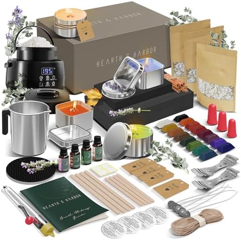 Hearth & Harbor Organic Soy Candle Making Kit for Adults, DIY Crafts, Complete Candle Making Supplies Include Natural Soy Wax, Tins, Electric Pot, Scents, Wicks & More – Gift Idea, Home Decor – 2 Lbs by HearthHarbor