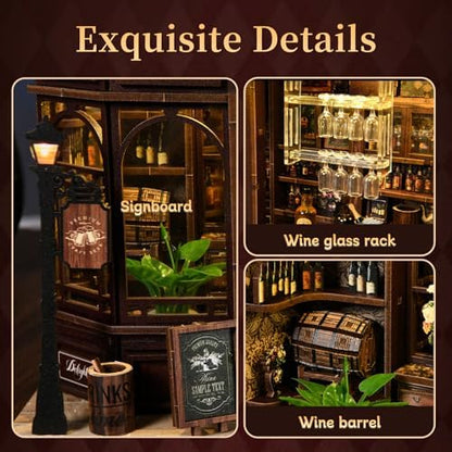 Book Nook Kit for Adults, DIY Miniature House Kits, Corner Tavern 3D Wooden Dollhouse with Sensor LED Light, Corner Bar Building House Bookend Model Craft, Home Bookshelf Decor Birthday Gift - Image 3