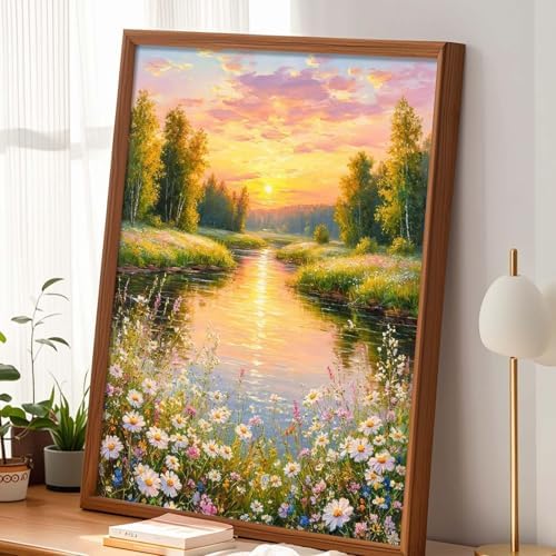 Alptiny Paint by Numbers Kit for Adults, Riverside Sunset Landscape Paint by Number Kit on Canvas, Countryside River & Wildflowers Oil Painting for Gift, Home Wall Decor 16x20 Inch - Image 2