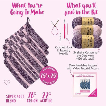 KnitPal Dishcloth Crochet Kit for Beginners (Plum Purple + Blush Pink) - Image 3
