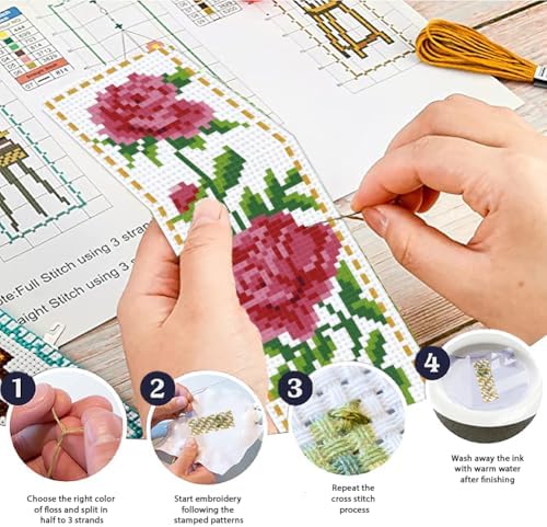 ACRNIGHEET 6PCS Cross Stitch Bookmark Kit for Beginner Flower Pattern Stamped Cross Stitch Kits for Adults Crossstitch Kits Adult Bookmarks with Instructions Hand Embroidery Craft Gift 8''x2.4'' 11CT - Image 3