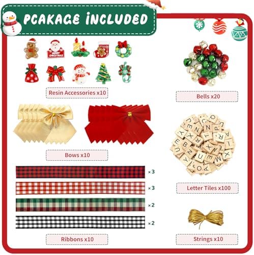 Christmas Ornaments Tree Decorations Personalized Crafts for Adults Kit DIY Ribbon Letter Tiles Bells Rustic Stockings Name Tags Hanging Xmas Decor for Gifts Wreath Holiday(Plaid) - Image 2