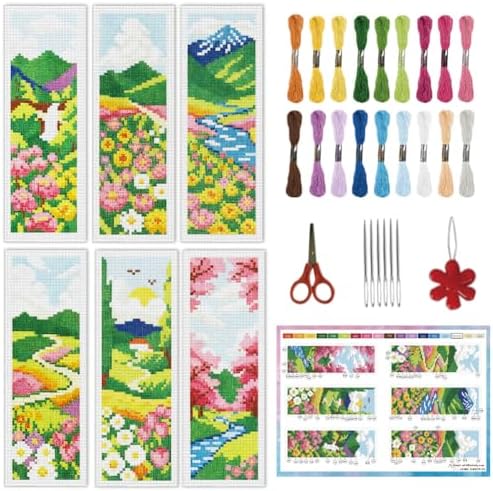 INFUNLY 6 Set Spring Scenery DIY Cross Stitch Bookmark Kits for Adults Wildflowers Counted Cross Stitch Kit with Instructions Landscape Stamped Embroidery Bookmark Kit for Book Lovers Readers Gift by INFUNLY