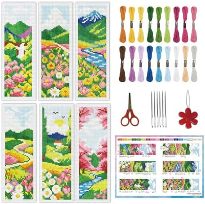 INFUNLY 6 Set Spring Scenery DIY Cross Stitch Bookmark Kits for Adults Wildflowers Counted Cross Stitch Kit with Instructions Landscape Stamped Embroidery Bookmark Kit for Book Lovers Readers Gift by INFUNLY