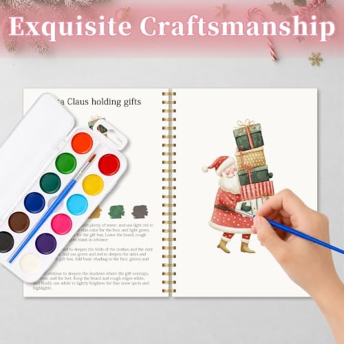 Christmas Gift, Christmas Watercolor Workbook, 12 Different Xmas Patterns Original DIY Designs, Water Coloring Book Set with Palette and Brush, Xmas Watercolor Book Gift for Beginners Girls Boys - Image 5