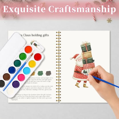 Christmas Gift, Christmas Watercolor Workbook, 12 Different Xmas Patterns Original DIY Designs, Water Coloring Book Set with Palette and Brush, Xmas Watercolor Book Gift for Beginners Girls Boys - Image 5