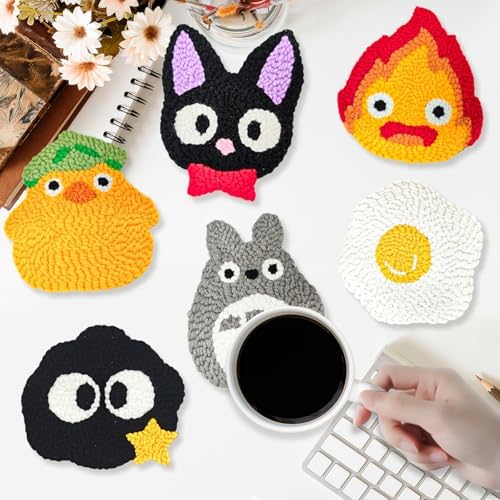 PUNICA Punch Needle Kit for Beginners, Kids & Adults Coaster Set of 6, Easy DIY Embroidery Set Starter Craft Gift with Cute Cartoon Decoration - Image 4
