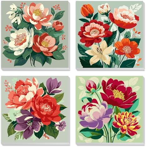 MXJSUA 4 Pack Peony Flowers Framed Paint by Numbers Kit with Canvas for Adults Beginner, DIY Acrylic Oil Painting Kits with Brushes for Home Wall Decor Gift (8x8 inch) by MXJSUA-DiamondPaintingkits