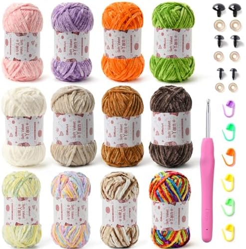 12 Pack Chenille Chunky Yarn - Baby Yarn for Crocheting Soft - Red Purple Green Pink Gray Blue Black White Velvet Yarns Crochet Blanket - Amigurumi Yarns Pack with Crochet Accessories G by OMoiut