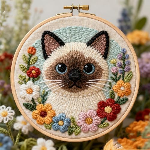 DIY Punch Needle Kits Siamese Cat in Flowers 20x20cm by Unknown