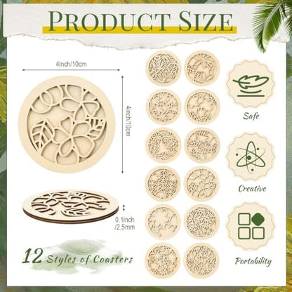 Reallnaive Wood Coasters Painting Kit DIY Craft, 12 Pcs, Floral - Image 2