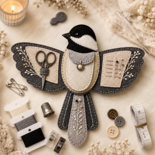 Bird-Shaped Felt Sewing Organizer DIY Kit, Handmade Needlepoint Embroidery Craft Set for Beginners Adults, Woodland Bird Design, Gift for Quilters, Charming Vintage Decor(Black-Capped Chickadee) by Unknown