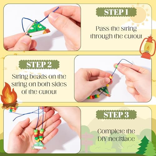 TICIAGA Camping Beaded Necklace Craft - 24 Pack Summer Camping Jewelry Making Set with Colorful Beads and Wooden Tent Name Tags Nature Explorer Vbs Classroom Activities & Outdoor Adventure Party Favor - Image 3