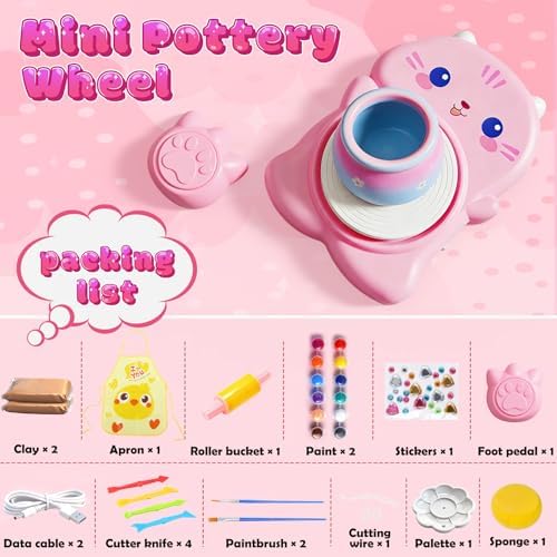 Skirfy Mini Pottery Wheel Kit for Beginners Kids,Electric Ceramic Wheel with Foot Pedal&Painting Kit, Adjustable Speed,Clay Spinner DIY Tools for Art Craft Birthday (CAT) - Image 2