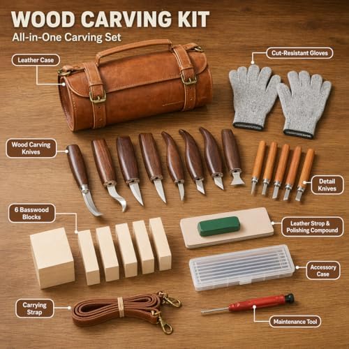 Deluxe Wood Carving Kit, 26Pcs Whittling Tools with 6 Basswood Blocks & Leather Case, High-Carbon Steel Knives, Safety Gloves, Woodworking Set for Beginners Adults DIY Craft Gifts - Image 2
