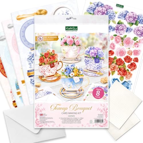 Katy Sue Teacup Bouquet Card Making Kit – Make 8 Freestanding Floral Teacup Easel Cards. Contains Shaped Cards, Die-Cut Decoupage, Adhesive Foam Pads, Envelopes & Instructions for Card Making Supplies - Image 2