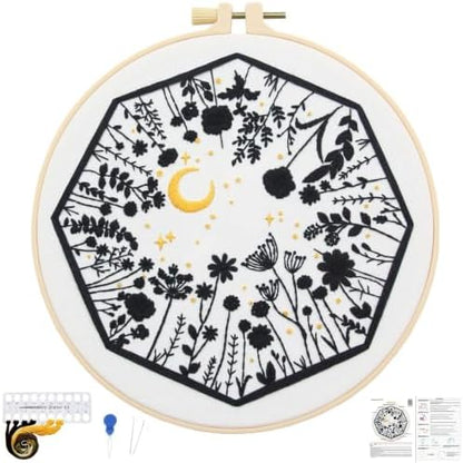 Mystical Embroidery Kits for Beginners Adults, Moon Wild Flowers Embroidery Starter Kit, Floral Stamped Cross Stitch Kits Needlepoint Kits for Beginners Adults, Embroidery Hoop, Thread, Video Tutorial by Unknown