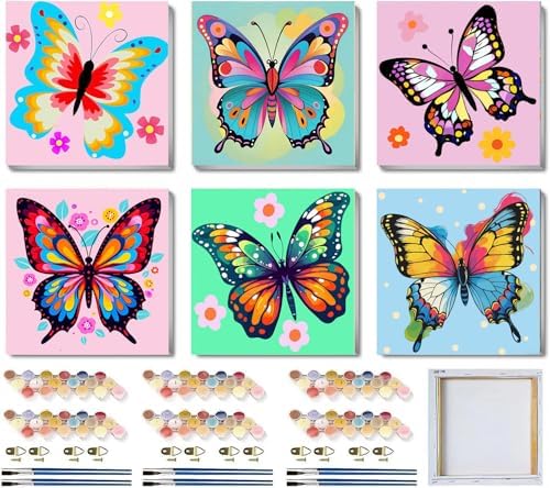 MXCFZX 6 Pack Butterfly Paint by Number for Kids with Wooden Frame,Easy Paint by Numbers for Kids Ages 4-8-12 Children DIY Acrylic Oil Painting by Number Kits for Home Wall Decor 8x8 Inch by MCCFZX