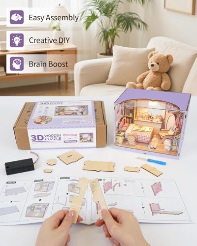 DIY Miniature House Kit-Bedroom, 3D Wooden Puzzles with LED Light - Image 2
