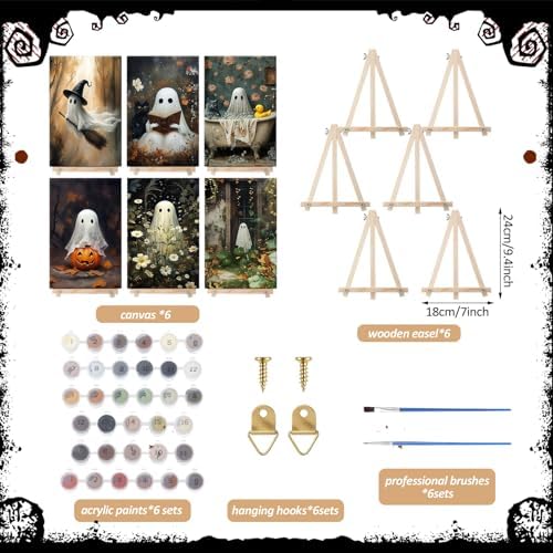 YooNotee 6 Pack Halloween Paint by Numbers with Easels Brushes, Ghost - Image 2