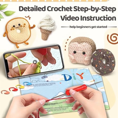 YAMAXIN Crochet Kit for Beginners, Beginner Crochet Kits with Step-by-Step Video Tutorials, Crochet Starter Kit for Adults with Yarn Sets (4pc Butter Toast, Bread, Doughnuts, ice Cream) - Image 3