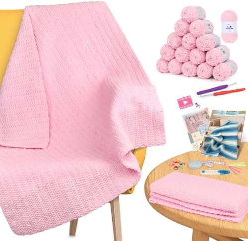 Aeelike Crochet Blanket Kit for Beginners, Easy Soft Crochet Kit, Pink by Aeelikescrochetworld