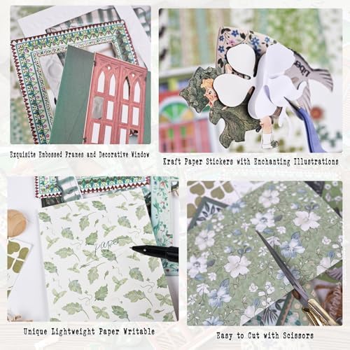 Diuhofart Scrapbooking Supplies Kit, 45 Pieces Green Aesthetic Junk Journal Kit with Scrapbook Paper, Embossed Collage Cards and Stickers for Journaling Supplies, DIY Art Craft, Collage - Image 4