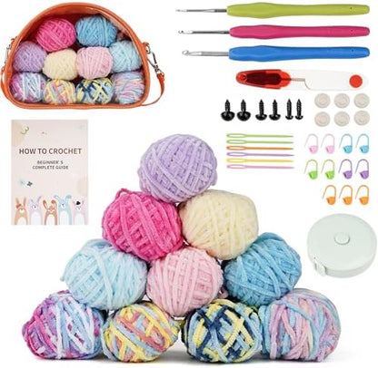 Wadukud 36 PCS Chenille Crochet Kit - First Crochet Set for Beginner Include 10 Variegated Super Soft Chenille Cotton Yarn for Crocheting, Crochet Hooks, Instruction, Bag, Crochet Supplies Gift by Unknown