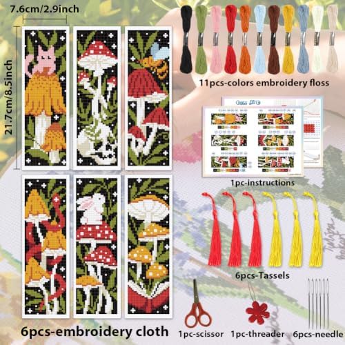 ACRNIGHEET 6PCS Cross Stitch Bookmark Kit for Beginner Stamped Cross Stitch Kits for Adults Mushroom DIY Tassel Embroidery Bookmark Kits Needlepoint Kit with Instructions Craft Gift 8.5''x3'' 11CT - Image 2