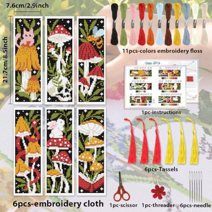 ACRNIGHEET 6PCS Cross Stitch Bookmark Kit for Beginner Stamped Cross Stitch Kits for Adults Mushroom DIY Tassel Embroidery Bookmark Kits Needlepoint Kit with Instructions Craft Gift 8.5''x3'' 11CT - Image 2