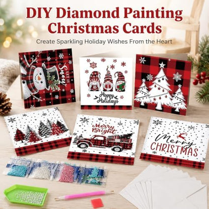 NUOFIX 12 PCS Diamond Art Christmas Cards with Envelopes, Christmas Crafts for Adults, Diamond Painting Kits for Card Making, Holiday DIY Kits (Red) - Image 5