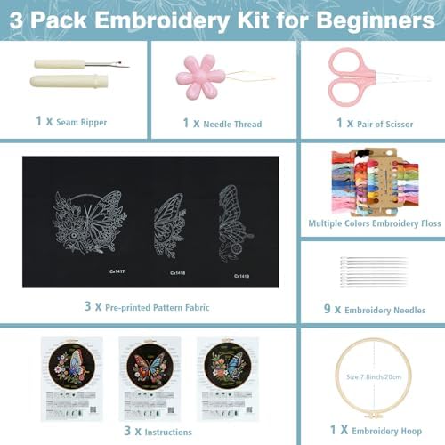 RidaaFri Embroidery Kit for Beginners, 3 Pk Stamped Butterfly DIY Craft - Image 3