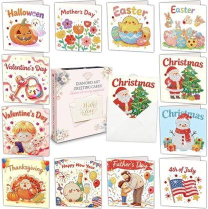 12 Pack Holiday DIY Diamond Art Greeting Card Kit with Envelopes by DOZEEZOP