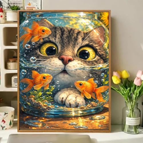 Cat Goldfish Paint by Numbers Kit for Adults Framed Canvas, Frameworkless - Image 2