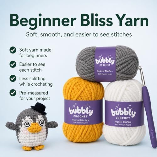 Bubbly Crochet Mr. Tux the Penguin Crochet Kit for Beginners – DIY Penguin Plush with Customizable Eyes & Hat, Step-by-Step Video Tutorials & All-in-One Tools – Amigurumi Craft Kit and Easy Arts - Image 6