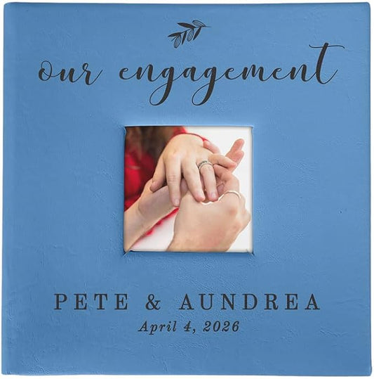 Personalized Engagement Photo Album, Holds 200 4" x 6" Photos, Engraved Our Engagement Leatherette Picture Album, Engagement Gifts For Couples, Blue