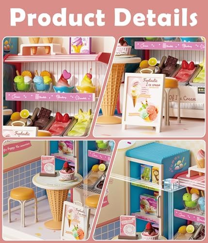 Ice Cream Shop Miniature House Kit, Plastic DIY Dollhouse with Ice Cream Display Counter & Serve Cones, Stackable Transparent Dust Cover, Cute Desktop Decor for Girls Adults Teens - Image 3
