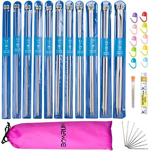Knitting Needle Set, BCMRUN 22PCS 2mm(B)-8mm(L) Straight Single Pointed Stainless Steel Sweater Needles Set(11Pair-11 Size,9.8 inch) with Locking Stitch Makers Large-Eye Needles Measure Tape (25CM) - Image 2