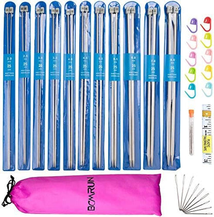 Knitting Needle Set, BCMRUN 22PCS 2mm(B)-8mm(L) Straight Single Pointed Stainless Steel Sweater Needles Set(11Pair-11 Size,9.8 inch) with Locking Stitch Makers Large-Eye Needles Measure Tape (25CM) - Image 2