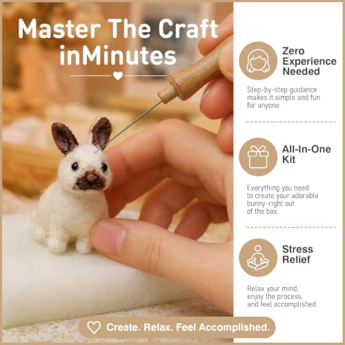 DIY Needle Felting Kit Realistic Cream Rabbit Dark Brown Markings – Needle Felting Starter Kit with Fiber Roving, Needles, Felting Pad & Instructions | Felted Rabbit Kit for Beginners Adults - Image 3