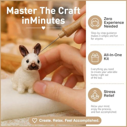 DIY Needle Felting Kit Realistic Cream Rabbit Dark Brown Markings – Needle Felting Starter Kit with Fiber Roving, Needles, Felting Pad & Instructions | Felted Rabbit Kit for Beginners Adults - Image 3