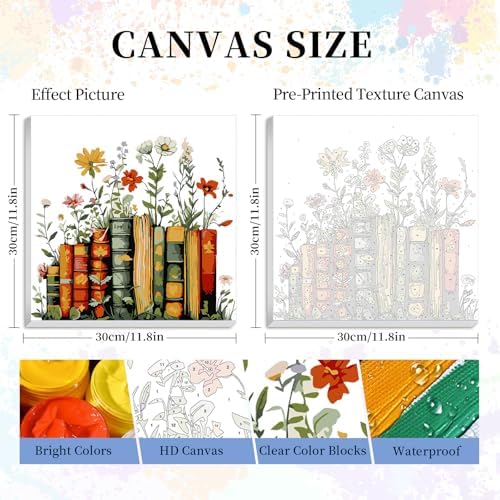 Camocin Framed Paint by Numbers Kit for Adults Beginner - Vintage Books and Wildflowers Paint by Number Canvas with Frame, Cottagecore DIY Acrylic Painting Kit for Book Lovers Home Decor 12x12 Inch - Image 3