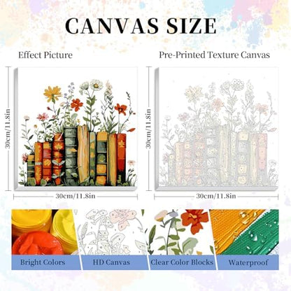 Camocin Framed Paint by Numbers Kit for Adults Beginner - Vintage Books and Wildflowers Paint by Number Canvas with Frame, Cottagecore DIY Acrylic Painting Kit for Book Lovers Home Decor 12x12 Inch - Image 3