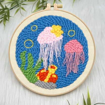 ERKOON Punch Needle Kit Adults Beginners, DIY Easy Ocean Embroidery Set for Starter Art Craft, Needling Punch Project with Patterns, Tools, Yarns, Hoop, Instruction (Jellyfish) - Image 4