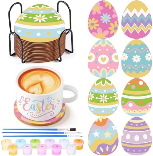 Reallnaive 8 Pcs Easter Eggs Paint by Numbers Kit for Adults Wooden Coaster by Reallnaive