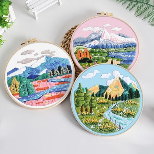 ERKOON 3 Sets Embroidery Kit, Floral Cross Stitch Set for Include Embroidery Cloth Hoops Threads for Craft Lover Hand Stitch (Landscapes) - Image 2