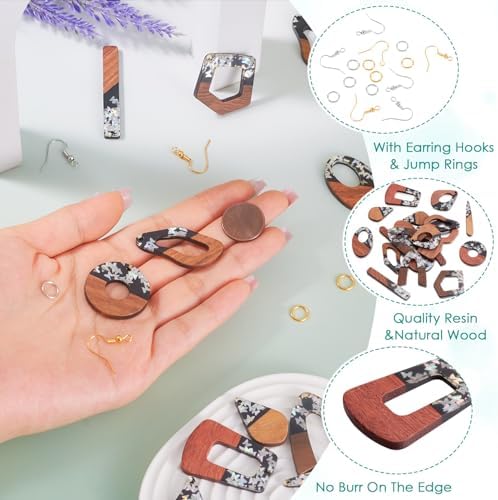 10 Pairs Wood Resin Pendants Vintage Resin Walnut Wood Charms Silver Sequins Charms Rectangle Oval Teardrop Wooden Dangle Earring Making Kit with Earring Hooks for Bohemian Jewelry - Image 2
