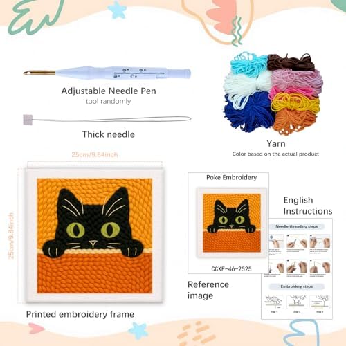 SDOYUNO Punch Needle Kit with Frame for Adults Beginners Kits 9.84 x 9.84 Inch Embroidery Starter Kits Punch Needle Kit with Black Cat Pattern, Threader, Yarns, Rug Punch, DIY Craft Kits (Black) - Image 2